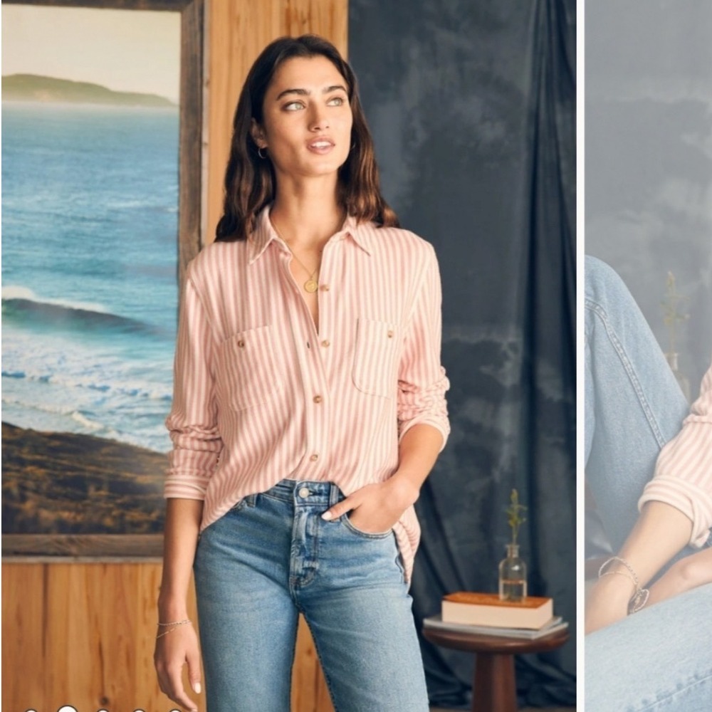 Faherty Brand Womens Pink White Striped Knit Button Down Shirt Size M Pocketed